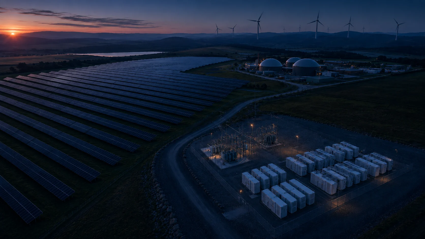 Solarpark, Windenergieanlagen und Batteriespeicher mit Umspannwerk an einem gemeinsamen Netzanschlusspunkt in der Abenddämmerung