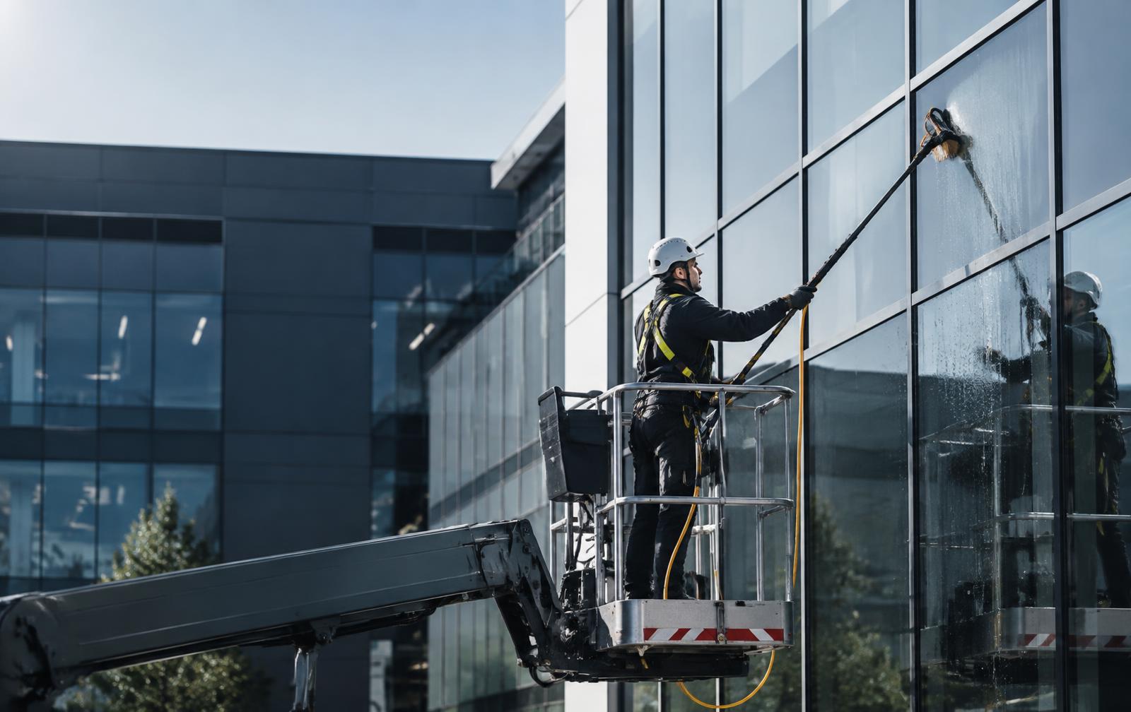 Fachkraft bei der professionellen Reinigung einer modernen Gewerbefassade