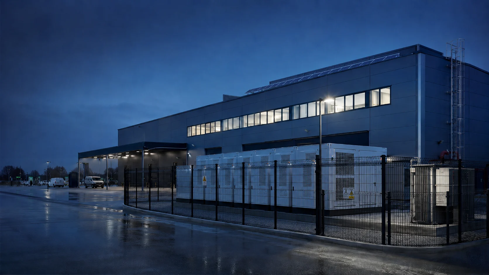 Gewerbestandort mit Batteriespeicher-Containern in der Abenddämmerung