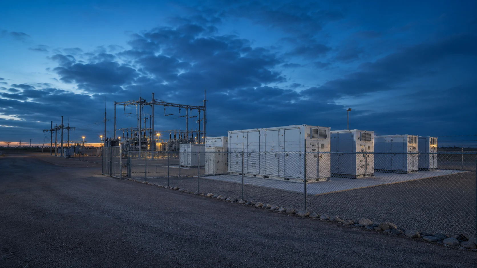 Stand-alone Batteriespeicher direkt am Netzanschluss und Umspannwerk in der Abenddämmerung